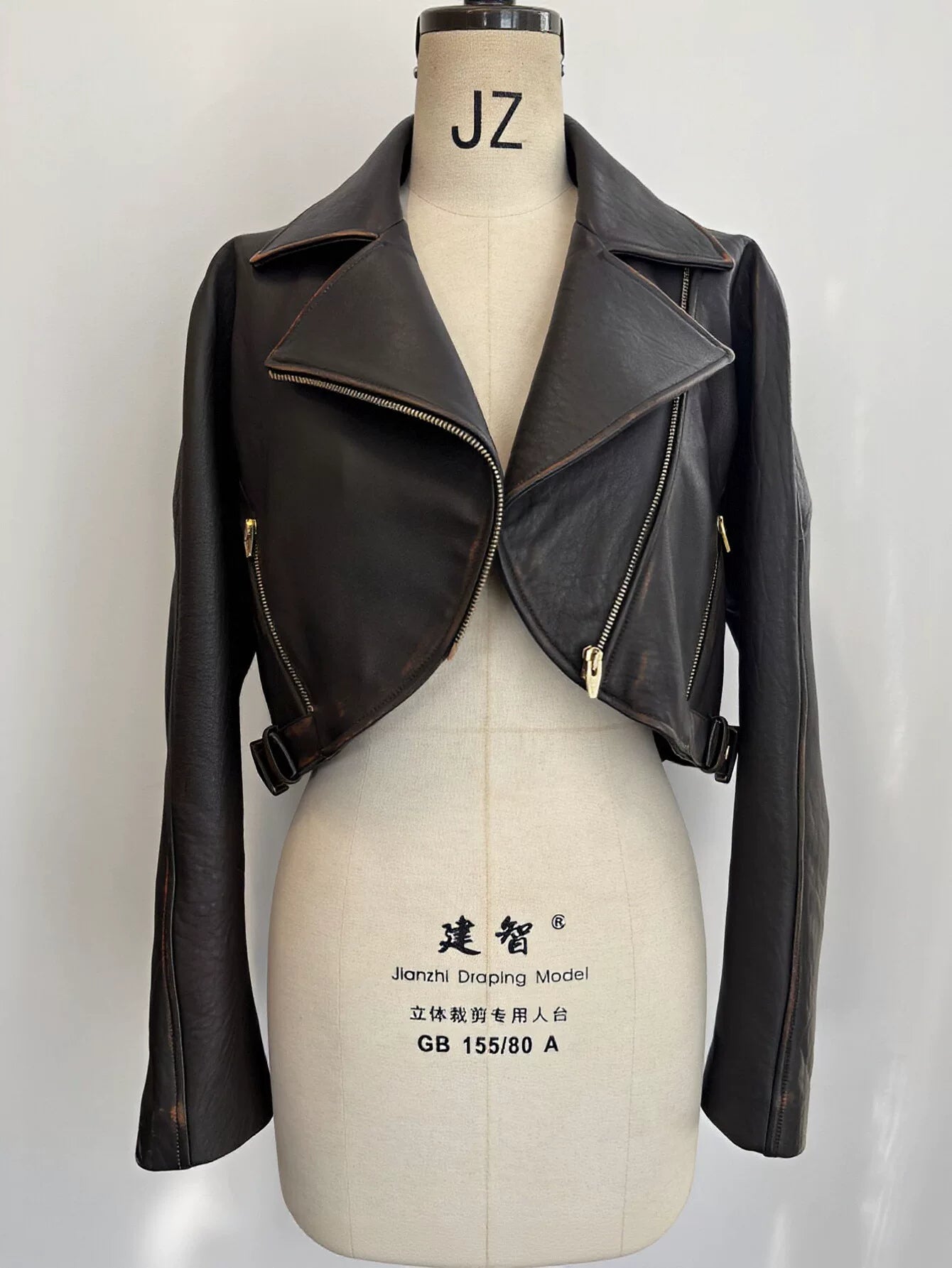 Distressed Cropped Faux Leather Moto Jacket