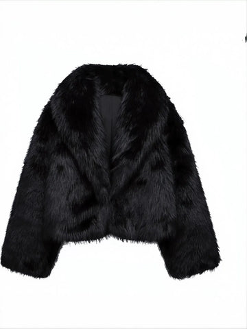 Elegant Black Cropped Faux Fur Coat