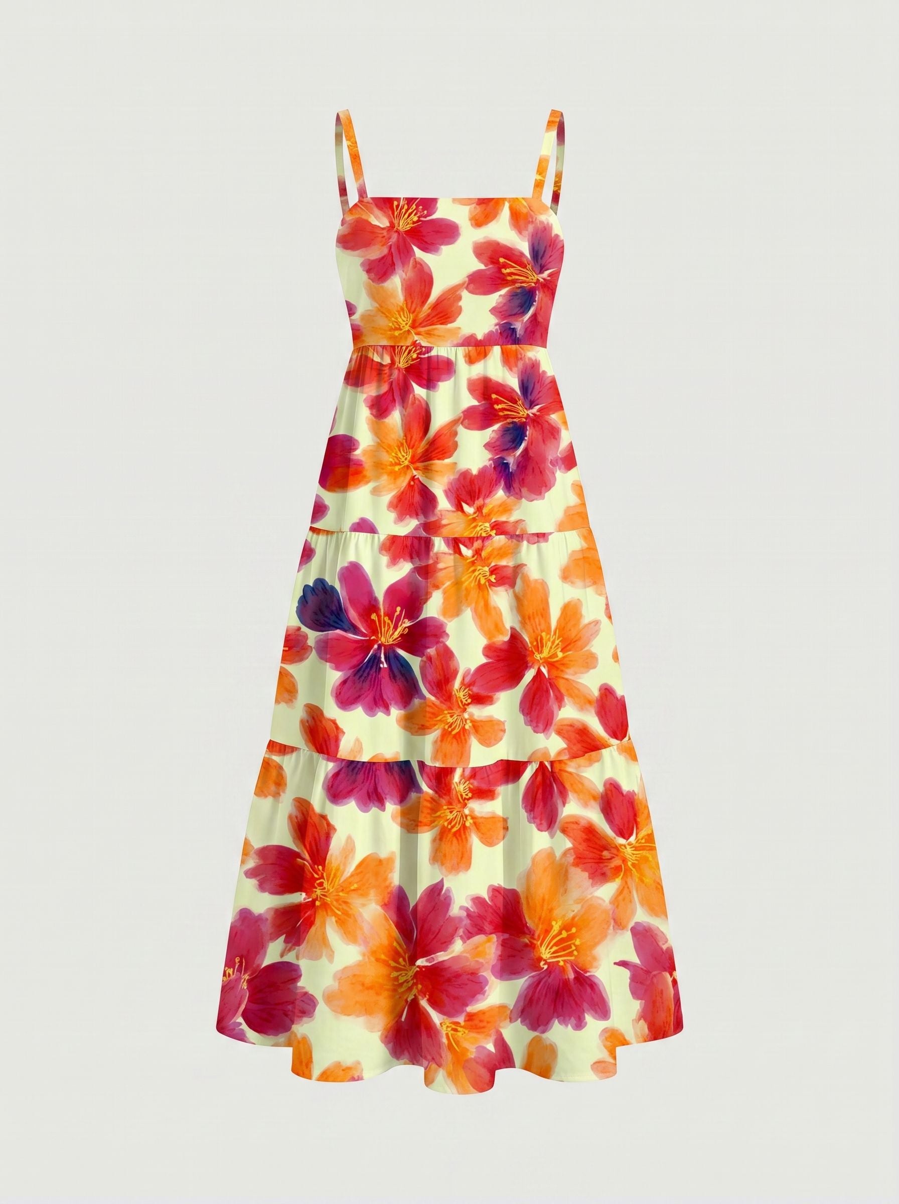 FLORA Floral Print Tiered Strap Midi Dress
