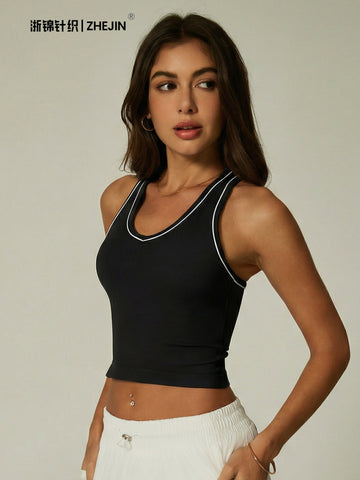 U Neck Contrast Trim Minimalist Yoga Tank