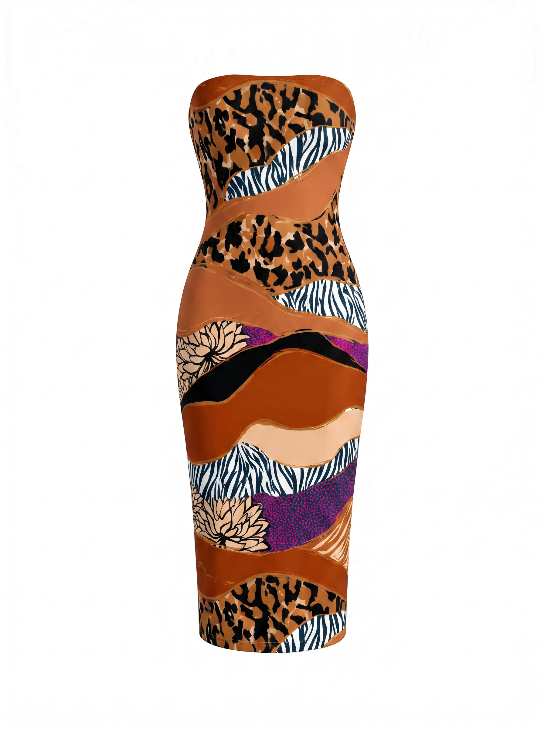 MAIA Mixed Animal and Abstract Print Strapless Sheath Midi Dress