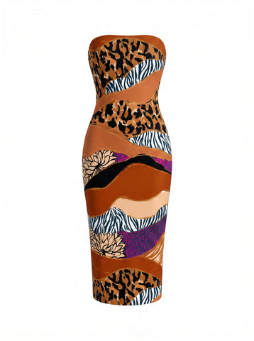 MAIA Mixed Animal and Abstract Print Strapless Sheath Midi Dress