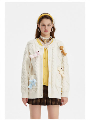 Cute Bear Applique Cable Knit Cardigan