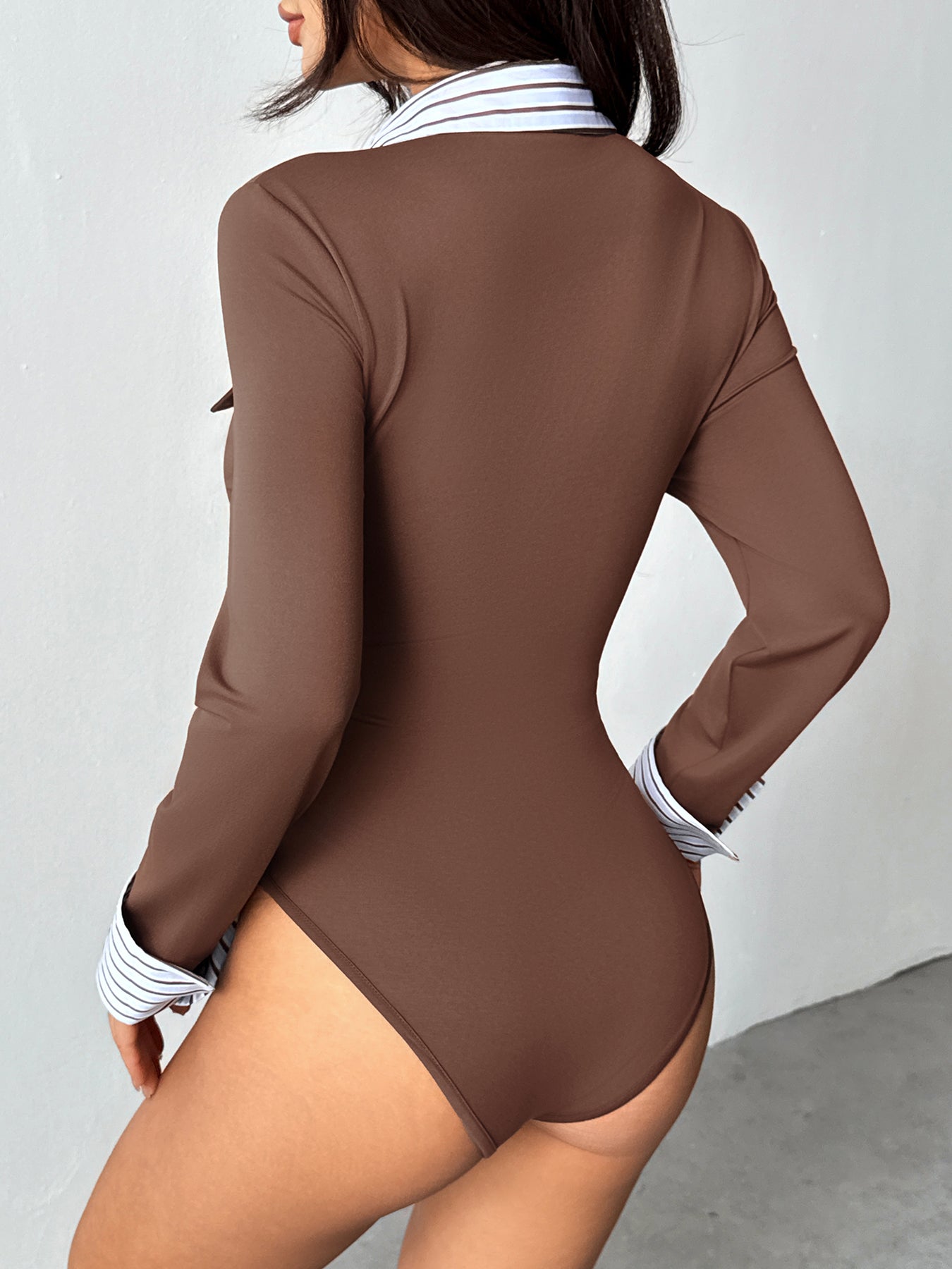 Button-Up Collar Stripe-Cuff Pocketed Everyday Bodysuit