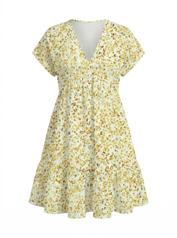 EVA Floral Print V Neck Tiered Babydoll Mini Dress