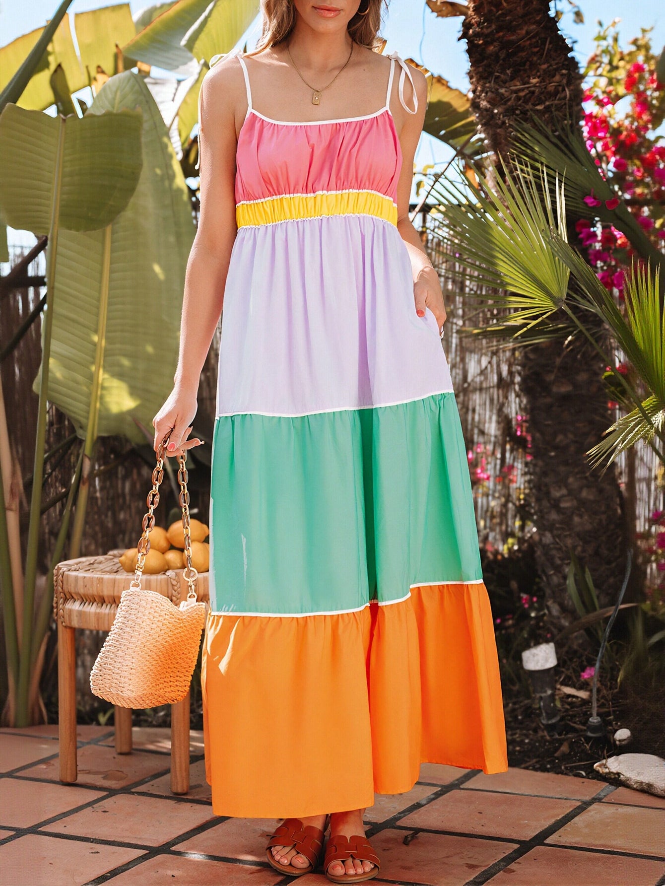 Colorful Tiered Spaghetti Strap Maxi Dress
