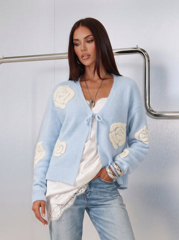 Floral Applique Fuzzy Knit Cardigan