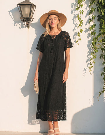Elegant Lace Tassel Tie Midi Dress