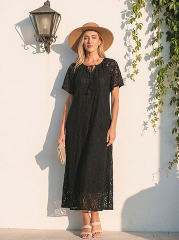 Elegant Lace Tassel Tie Midi Dress