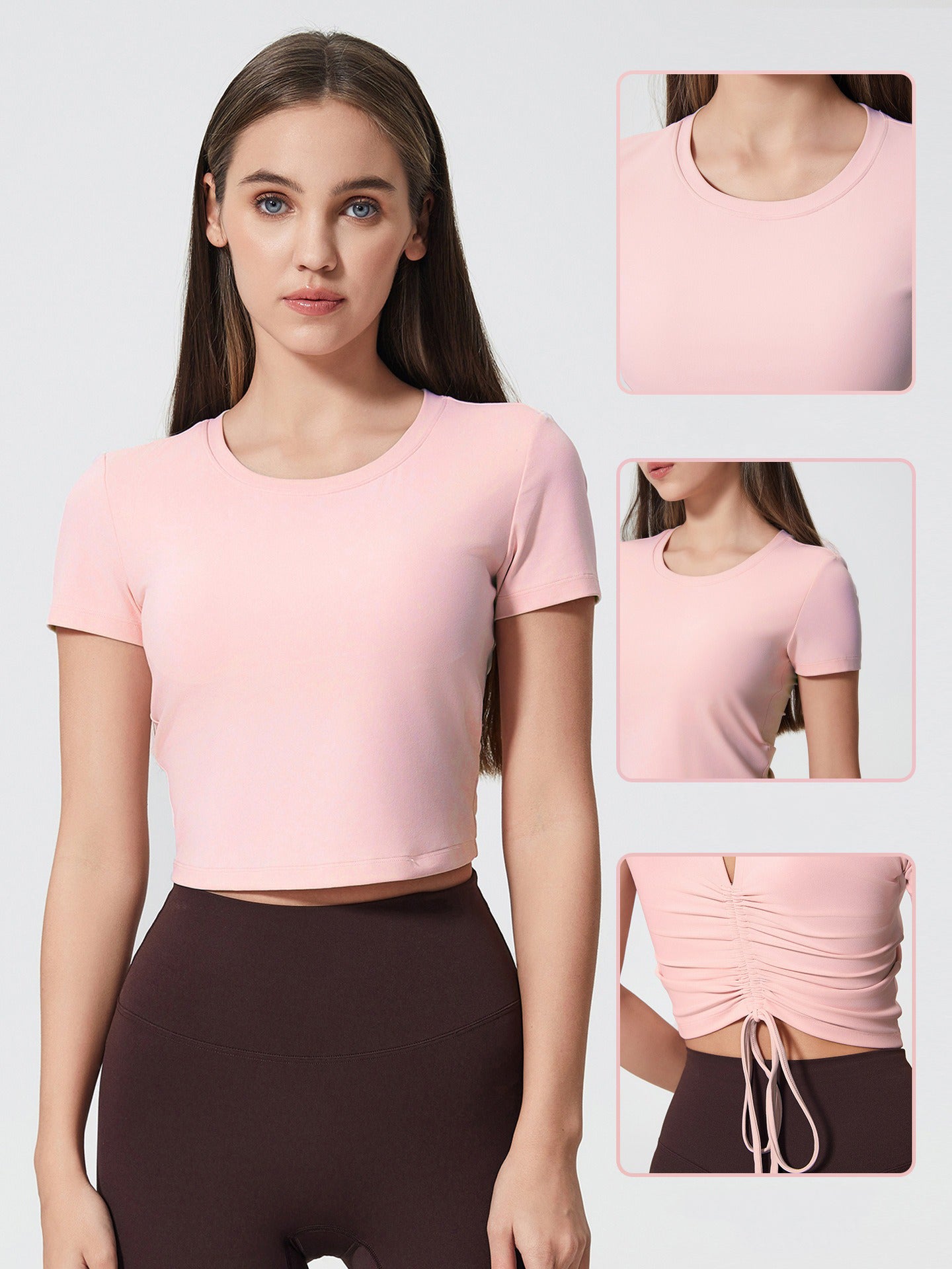 Bra-Free Drawstring Back Ruched Detail Yoga T-Shirts-Multicolor