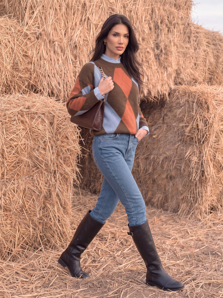 Cozy Oversized Argyle Knitted Sweater