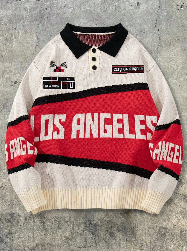 Oversized Graphic Polo Knit Sweater