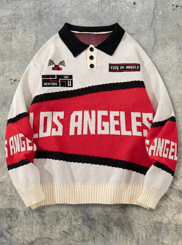 Oversized Graphic Polo Knit Sweater