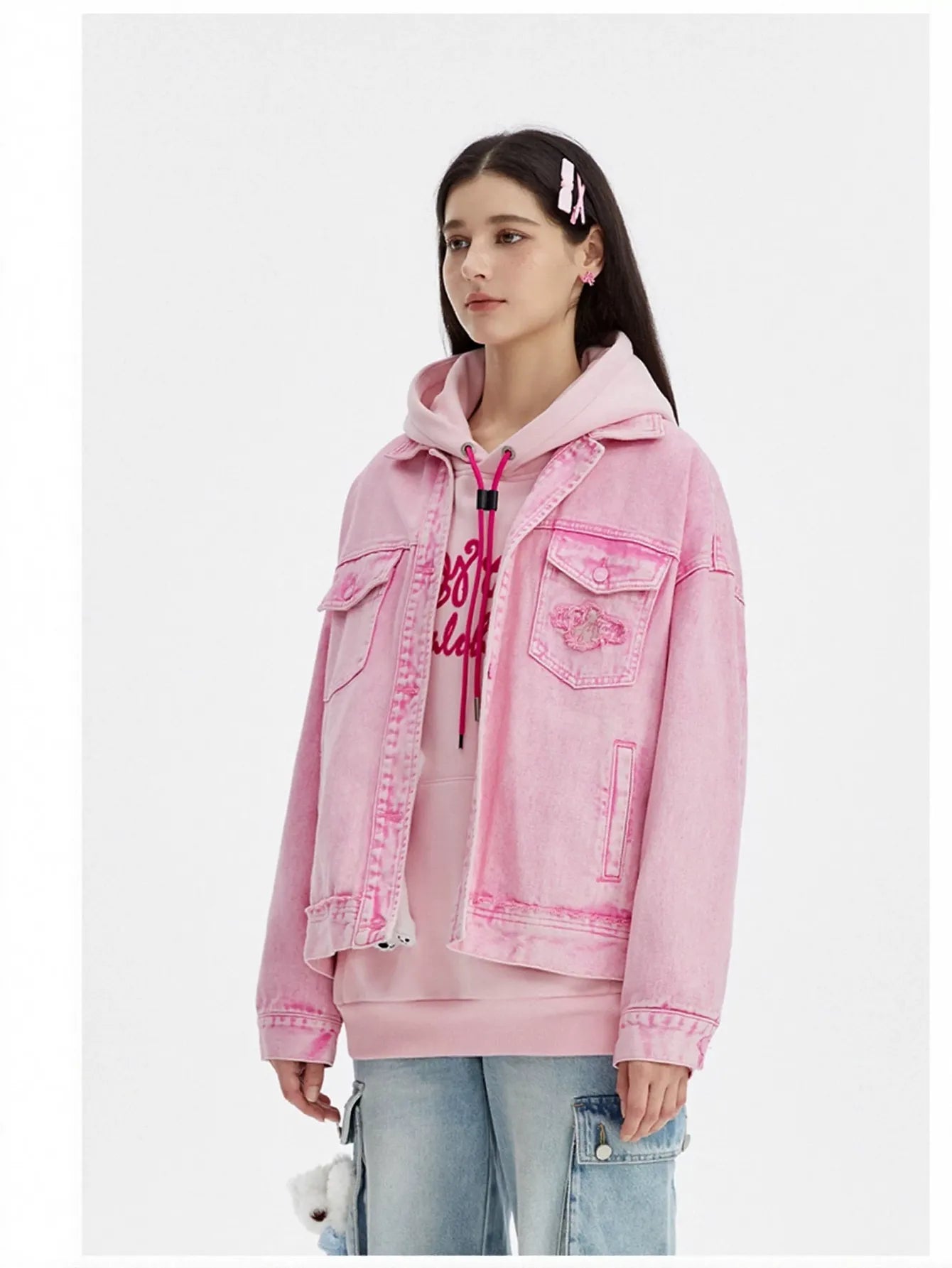 Oversized Pink Graphic Denim Jacket