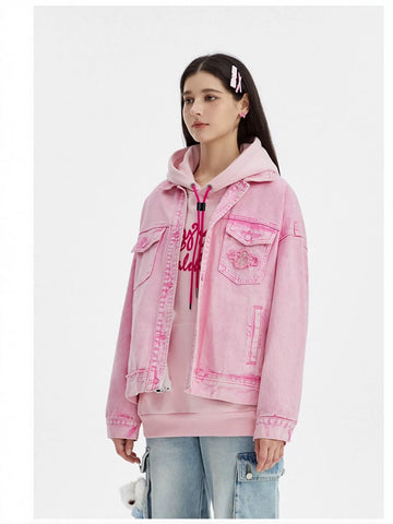 Oversized Pink Graphic Denim Jacket