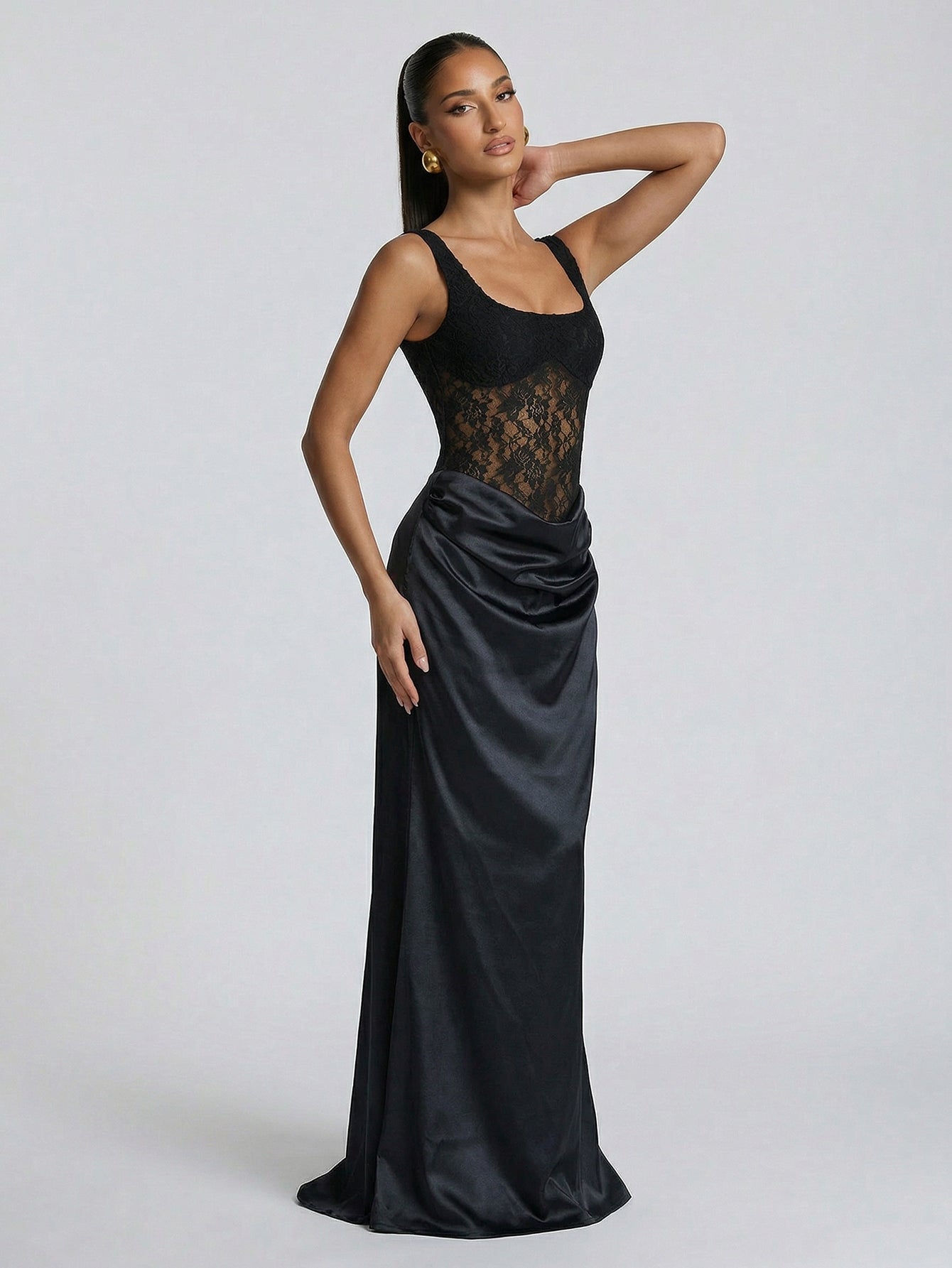 Sleeveless Lace Satin Elegant Maxi Dress