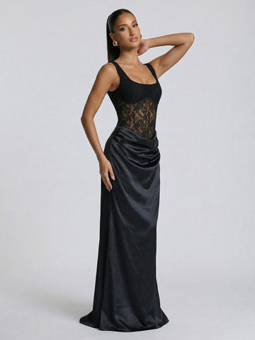 Sleeveless Lace Satin Elegant Maxi Dress