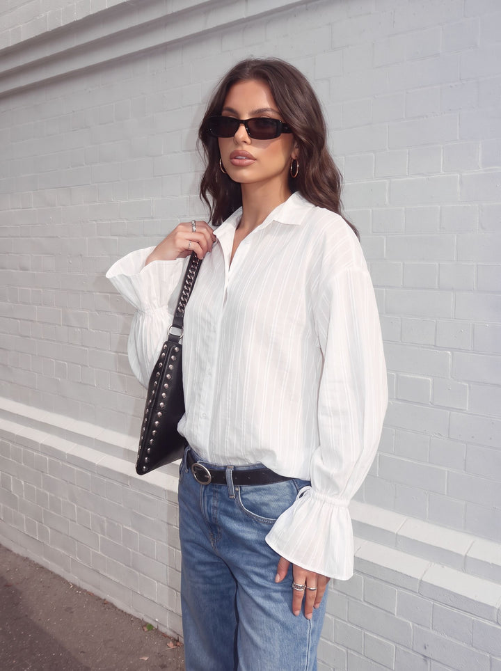 Sheer Striped Ruffle Sleeve Button Shirt