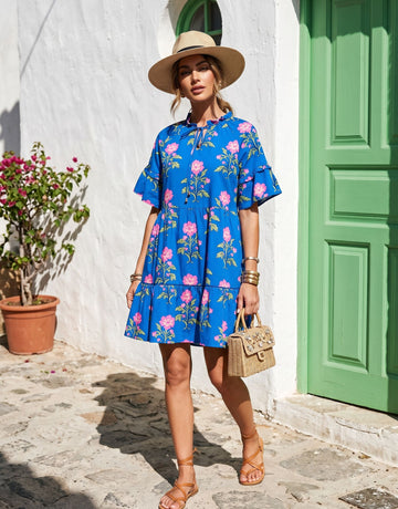 Floral Print Tie Neck Mini Dress