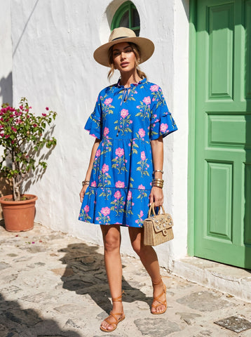 Floral Print Tie Neck Mini Dress