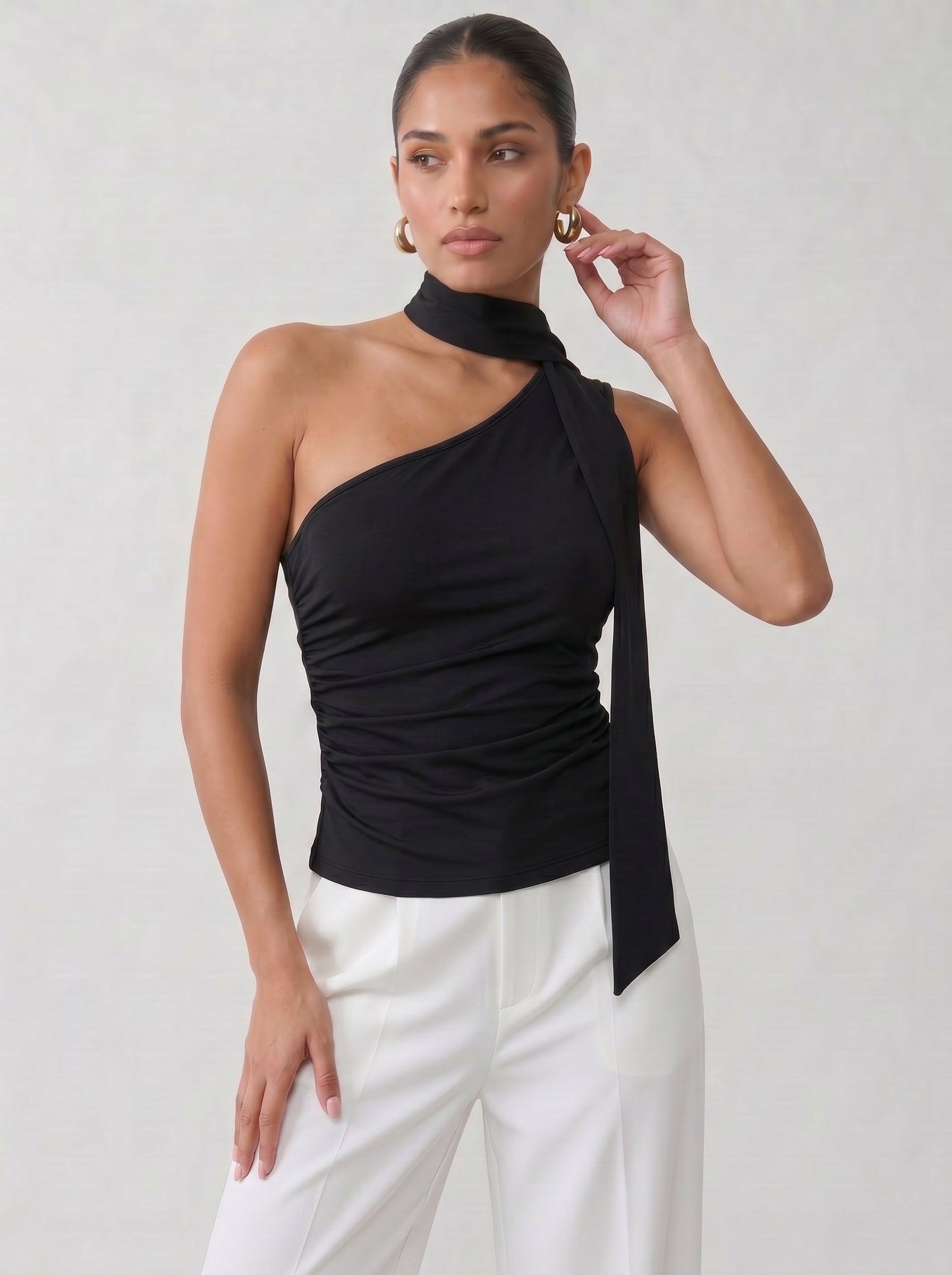 Ruched One Shoulder Scarf Tank Top