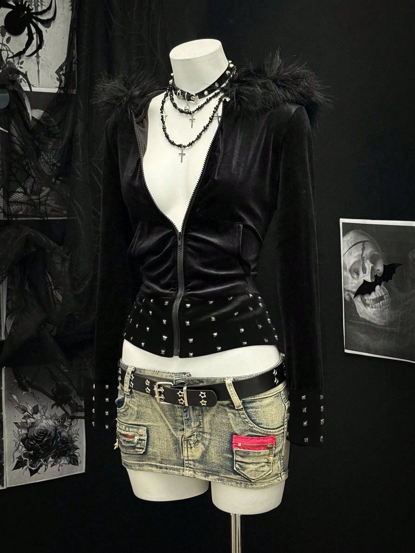 Studded Faux Fur Trim Hoodie