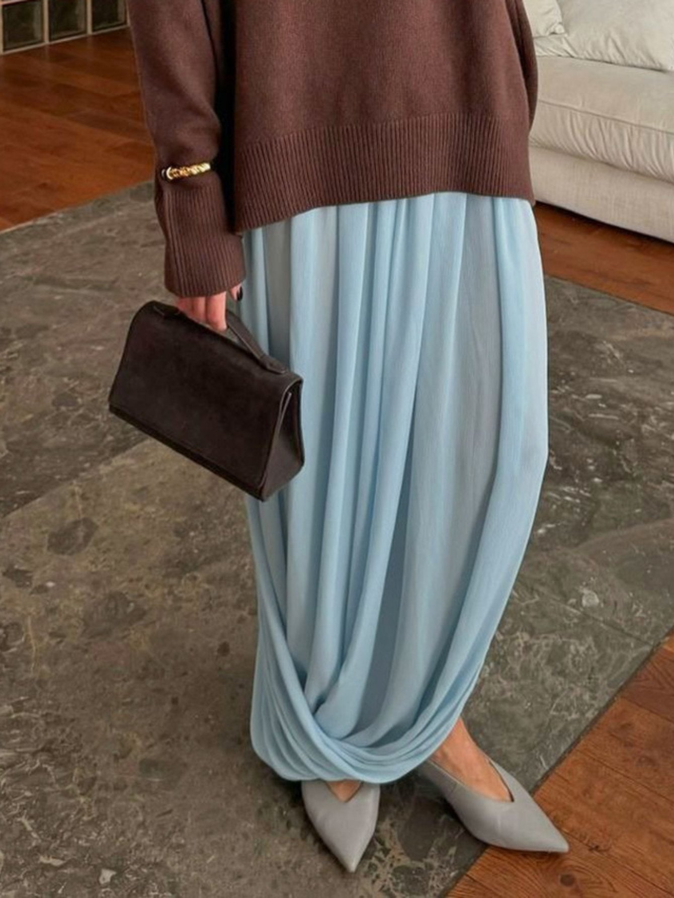 Flowy Draped High Waisted Midi Skirt