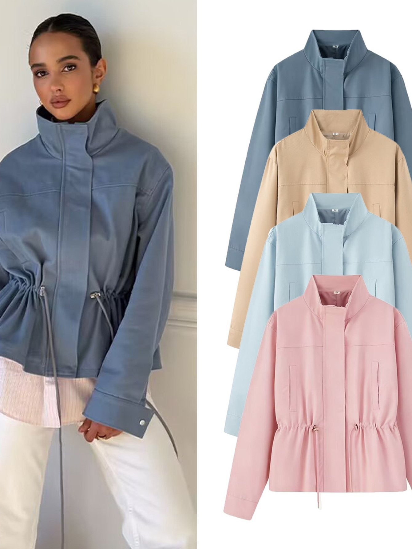 Cinched Waist Lightweight Stand Collar Jacket