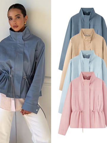 Cinched Waist Lightweight Stand Collar Jacket