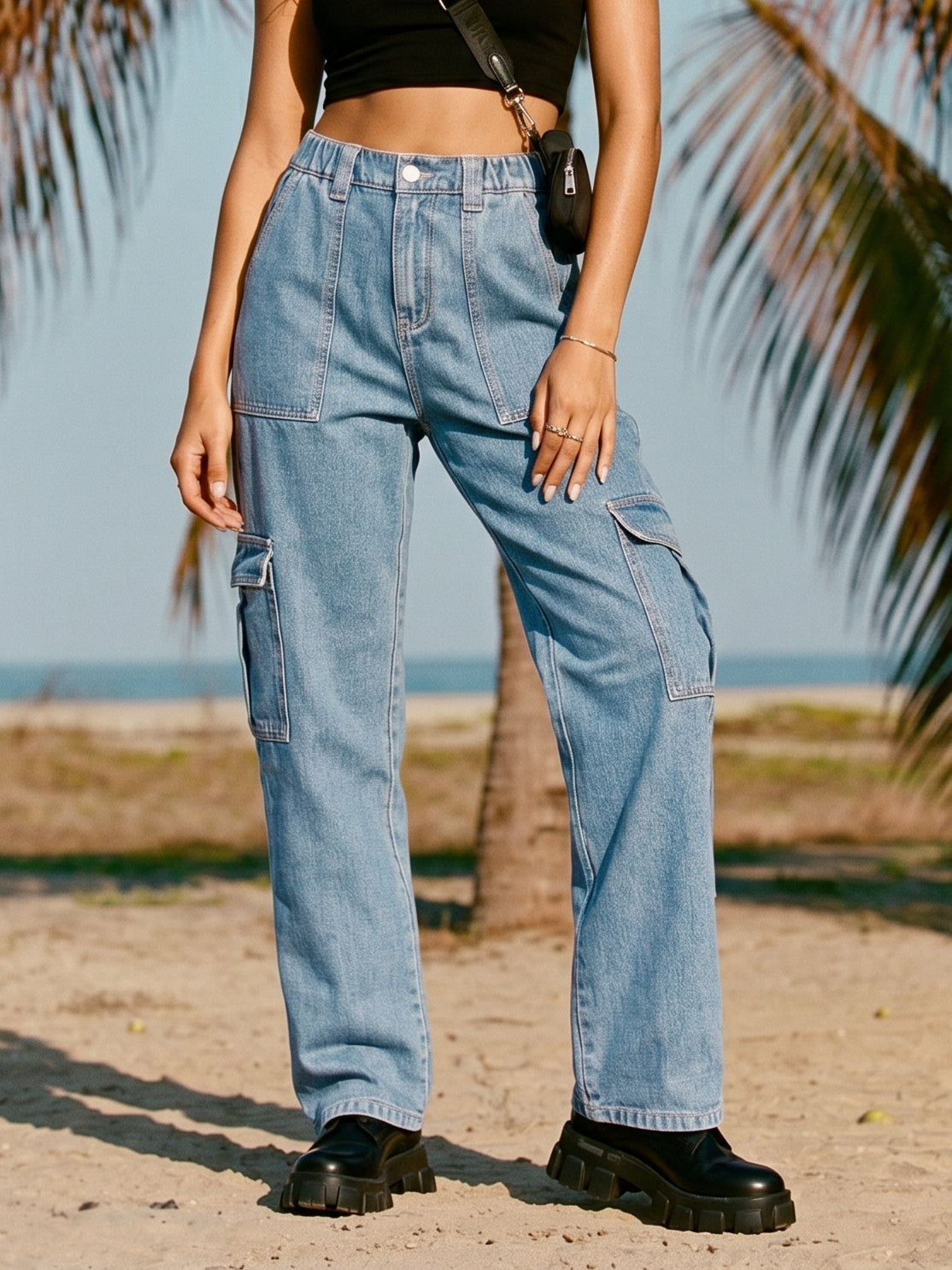 High Waisted Cargo Denim Jeans