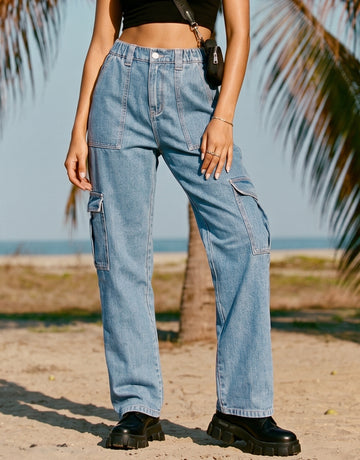 High Waisted Cargo Denim Jeans