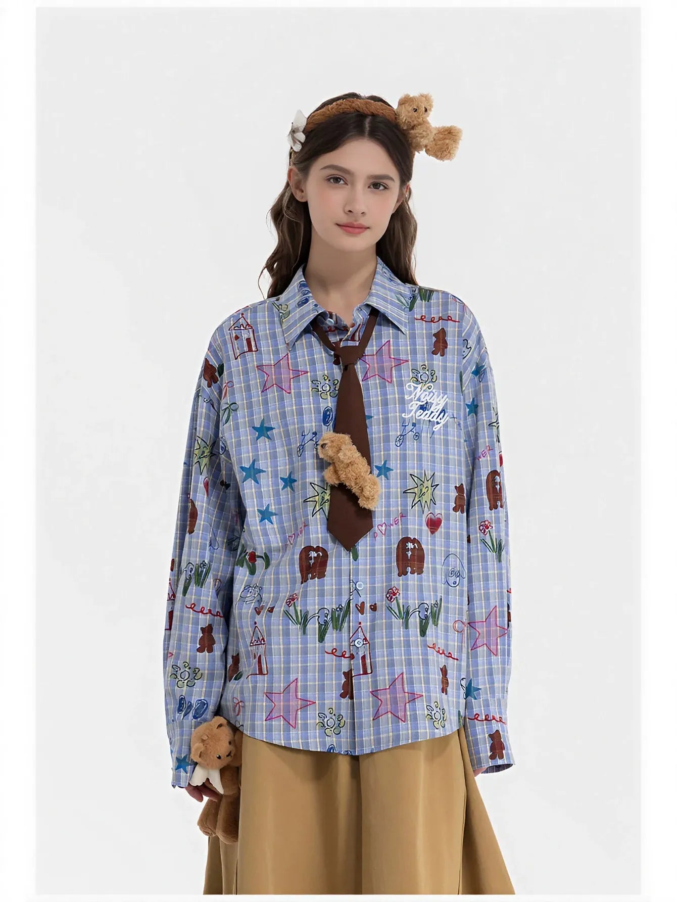 Oversized Plaid Doodle Print Button Up Shirt