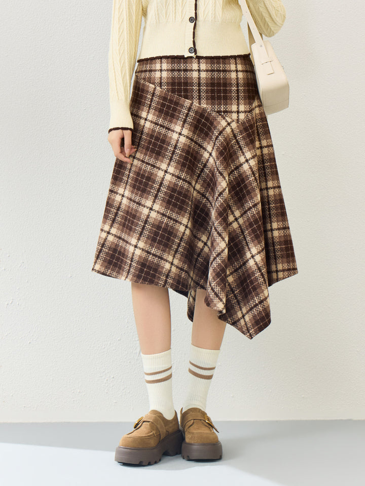 High Waisted Plaid Asymmetric Midi Skirt
