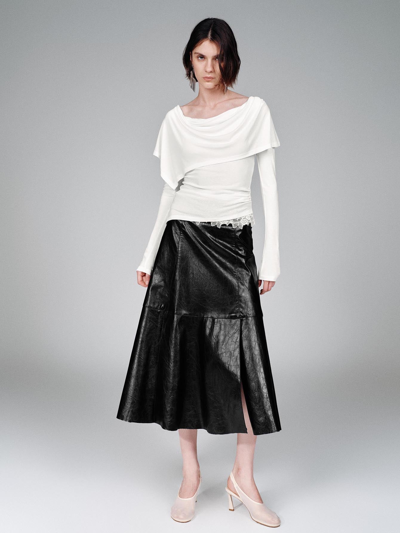 Urban Revivo Draped Long Sleeve T-Shirts-Off-White