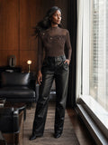 Sheer Floral Applique Mesh Long-Sleeve Top
