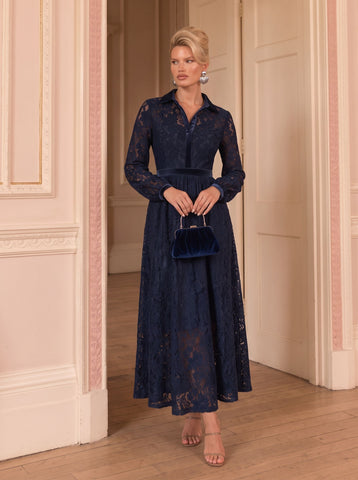 Elegant Navy Lace Midi Dress