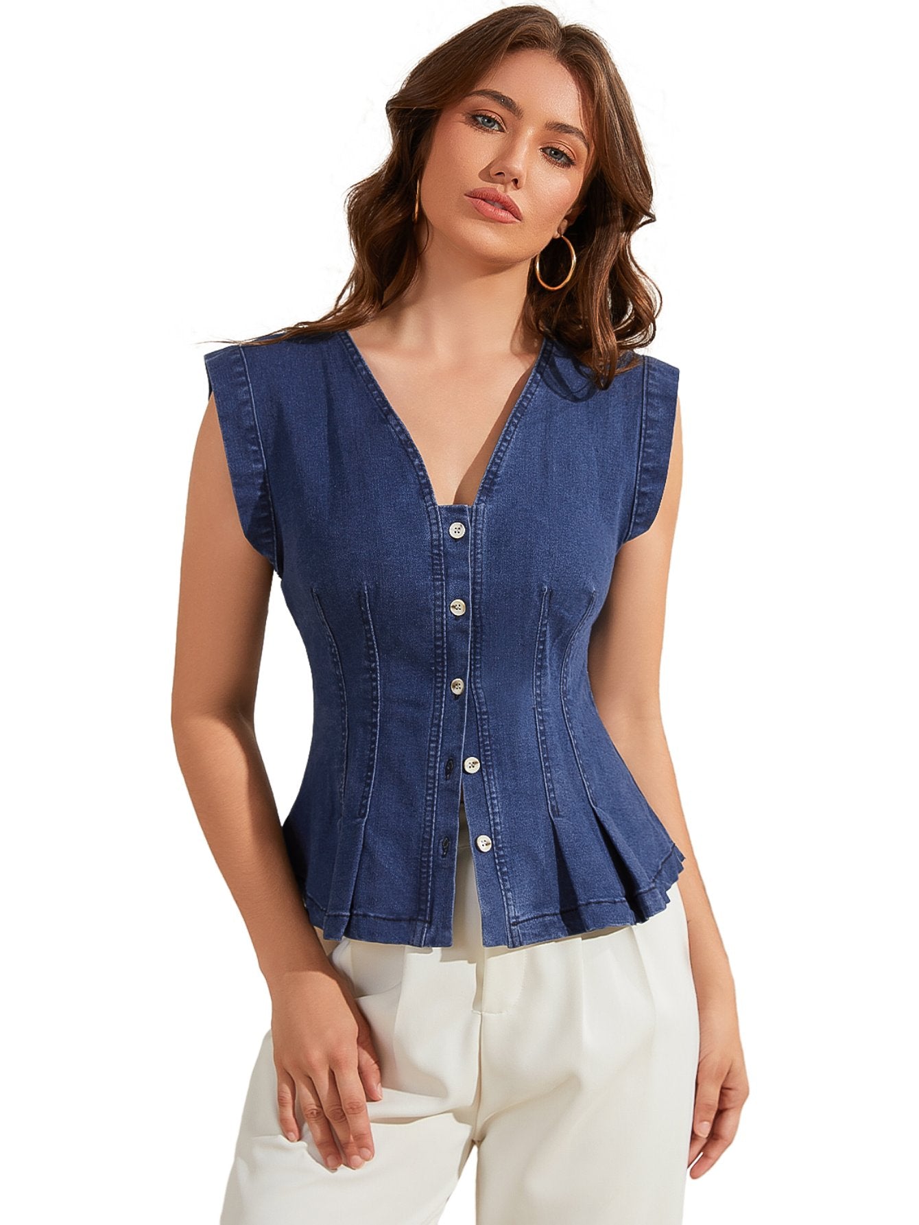 V Neck Fitted Peplum Denim Vest