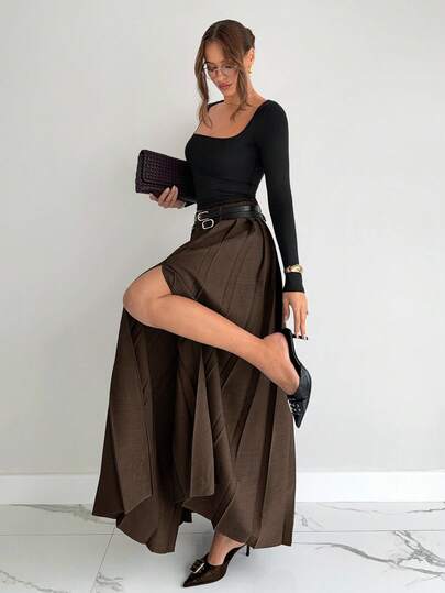 High Slit Pleated Maxi Skirt