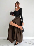 High Slit Pleated Maxi Skirt