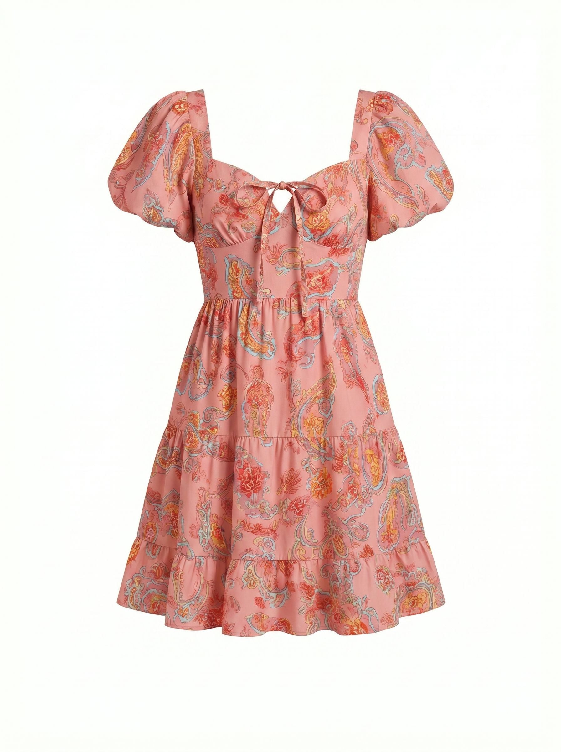 Floral Print Puff Sleeve Tiered Mini Dress