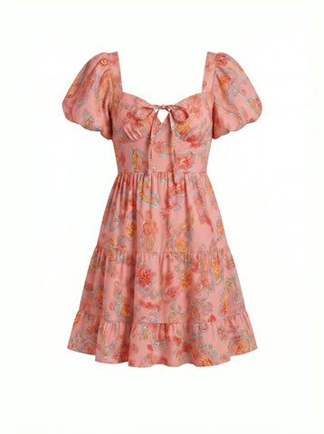Floral Print Puff Sleeve Tiered Mini Dress