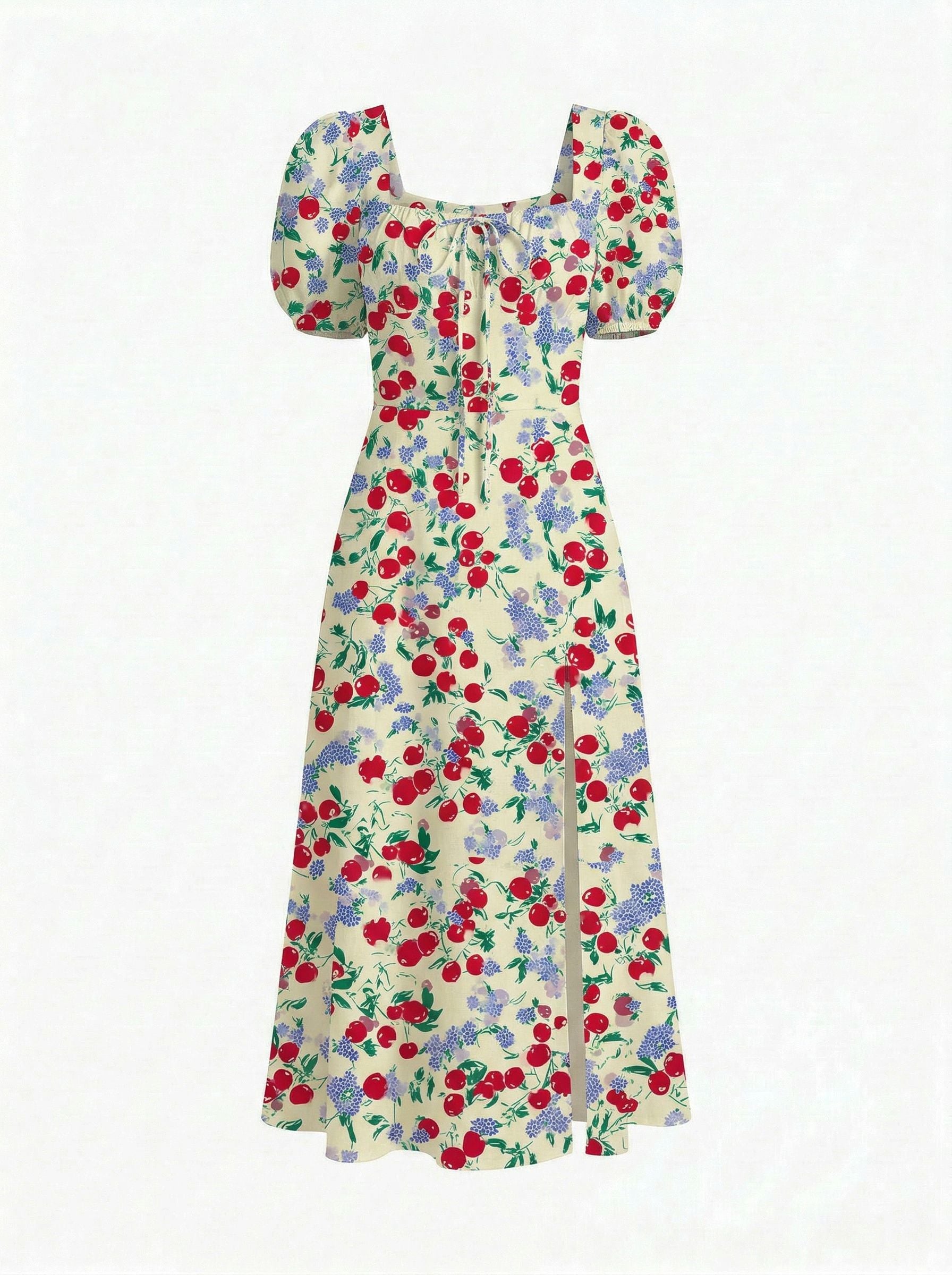 Floral Print Puff Sleeve Tie MidiDress