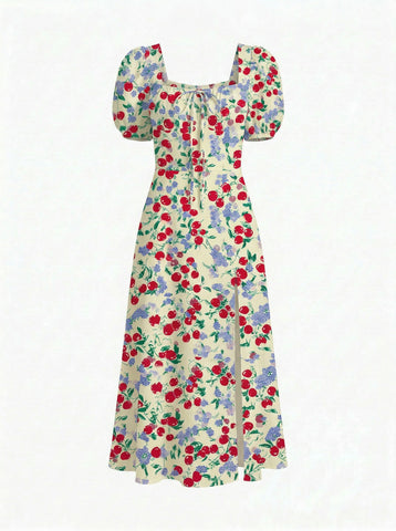 Floral Print Puff Sleeve Tie MidiDress
