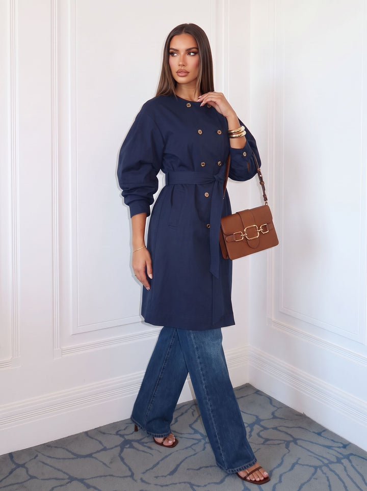 Double Breasted Belted Navy Trench Coat