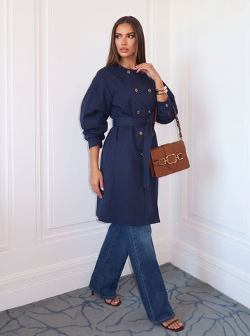 Double Breasted Belted Navy Trench Coat