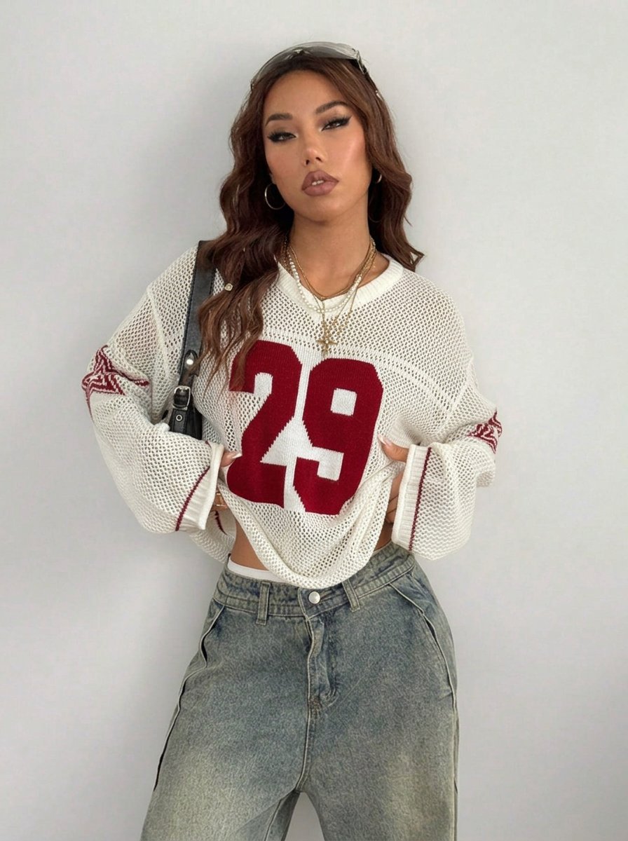 Oversized Graphic Mesh V Neck Sweater