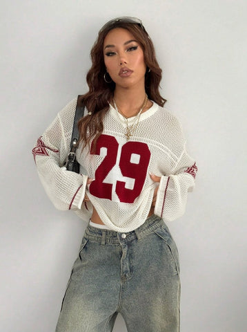 Oversized Graphic Mesh V Neck Sweater