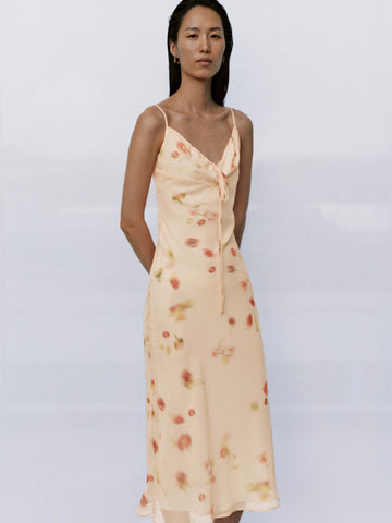 Urban Revivo Floral Printed Strappy Drawstring Skinny-Fit A-Line Midi Dresses