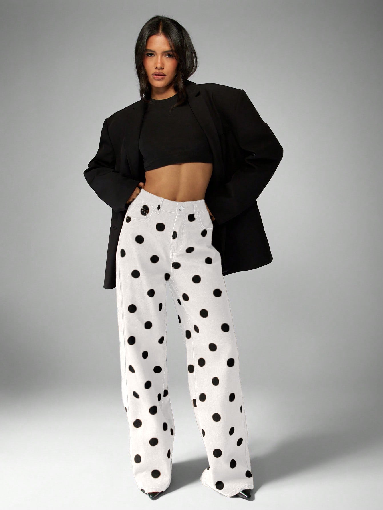 High Waisted Polka Dot Wide Leg Jeans