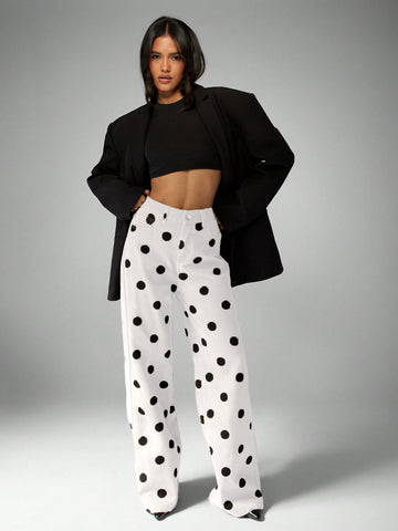 High Waisted Polka Dot Wide Leg Jeans